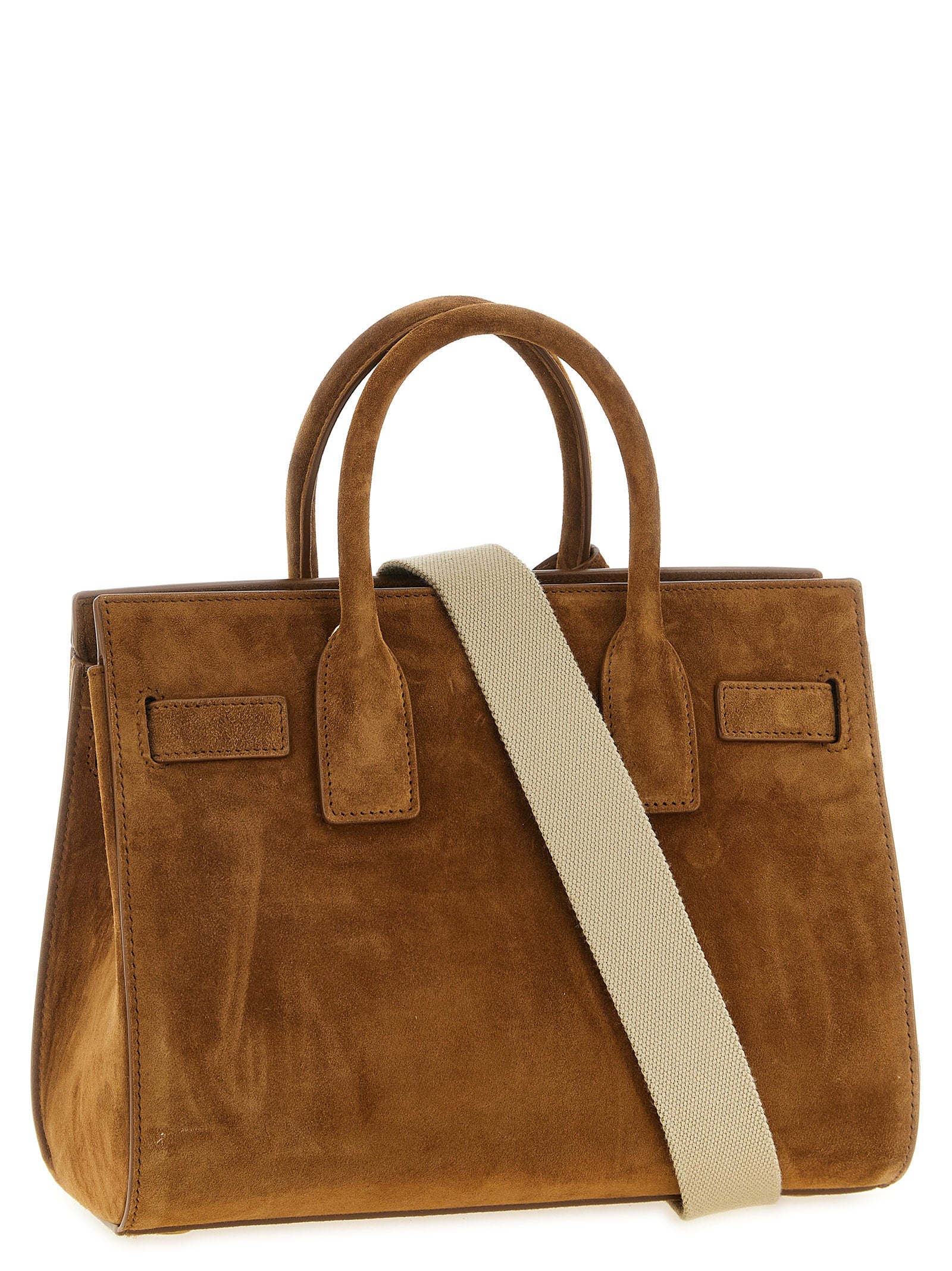 Sac à main Saint Laurent en cuir de veau marron, design élégant avec détails sophistiqués.