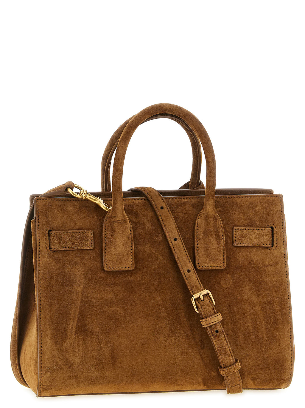 Sac à main en cuir de veau marron de Saint Laurent, avec détails élégants et fermeture métallique.