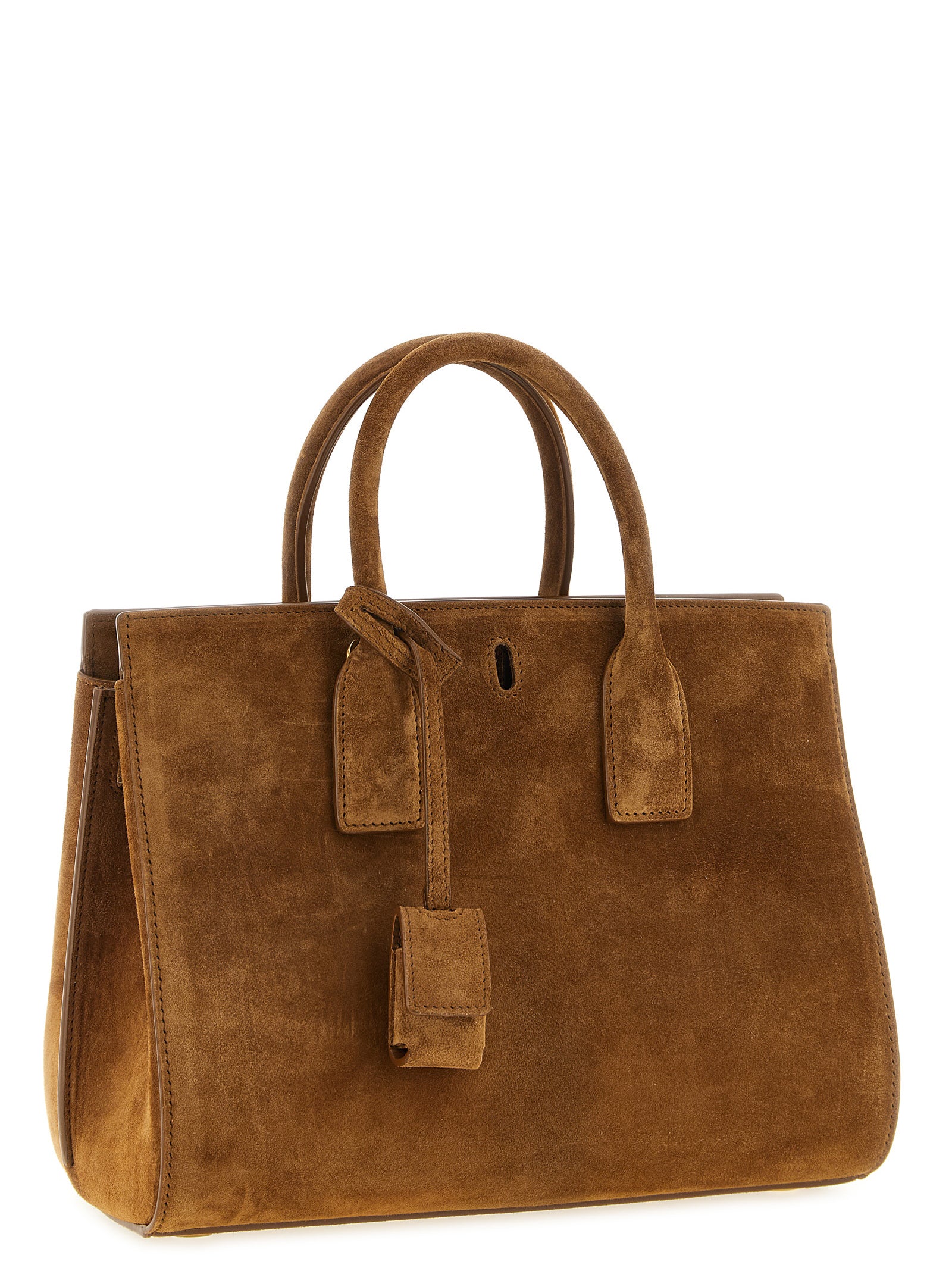 Sac à main Saint Laurent en cuir de veau marron, élégant et raffiné, avec détails sophistiqués.