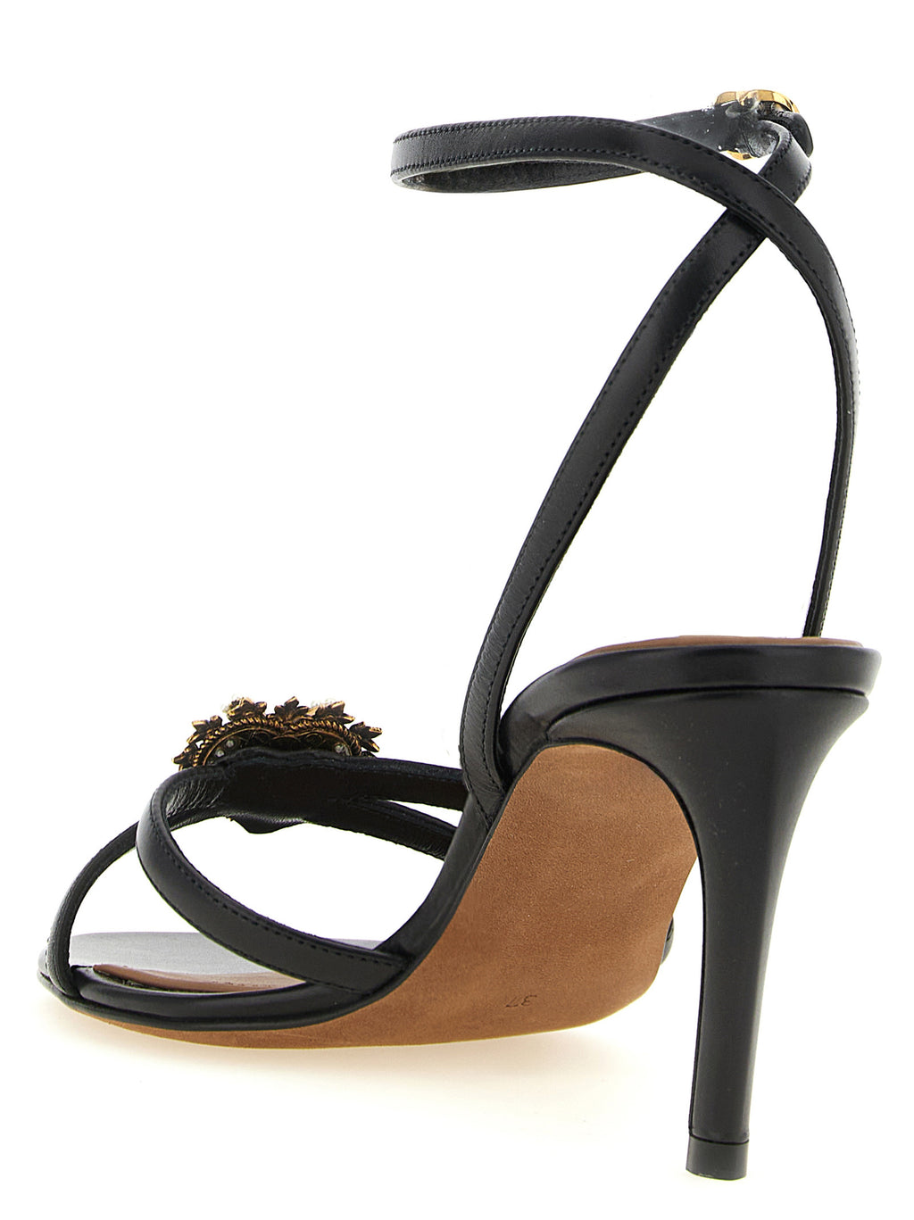 Sandales à talons stilettos en cuir de veau noir de Dolce & Gabbana, avec design élégant et sophistiqué.