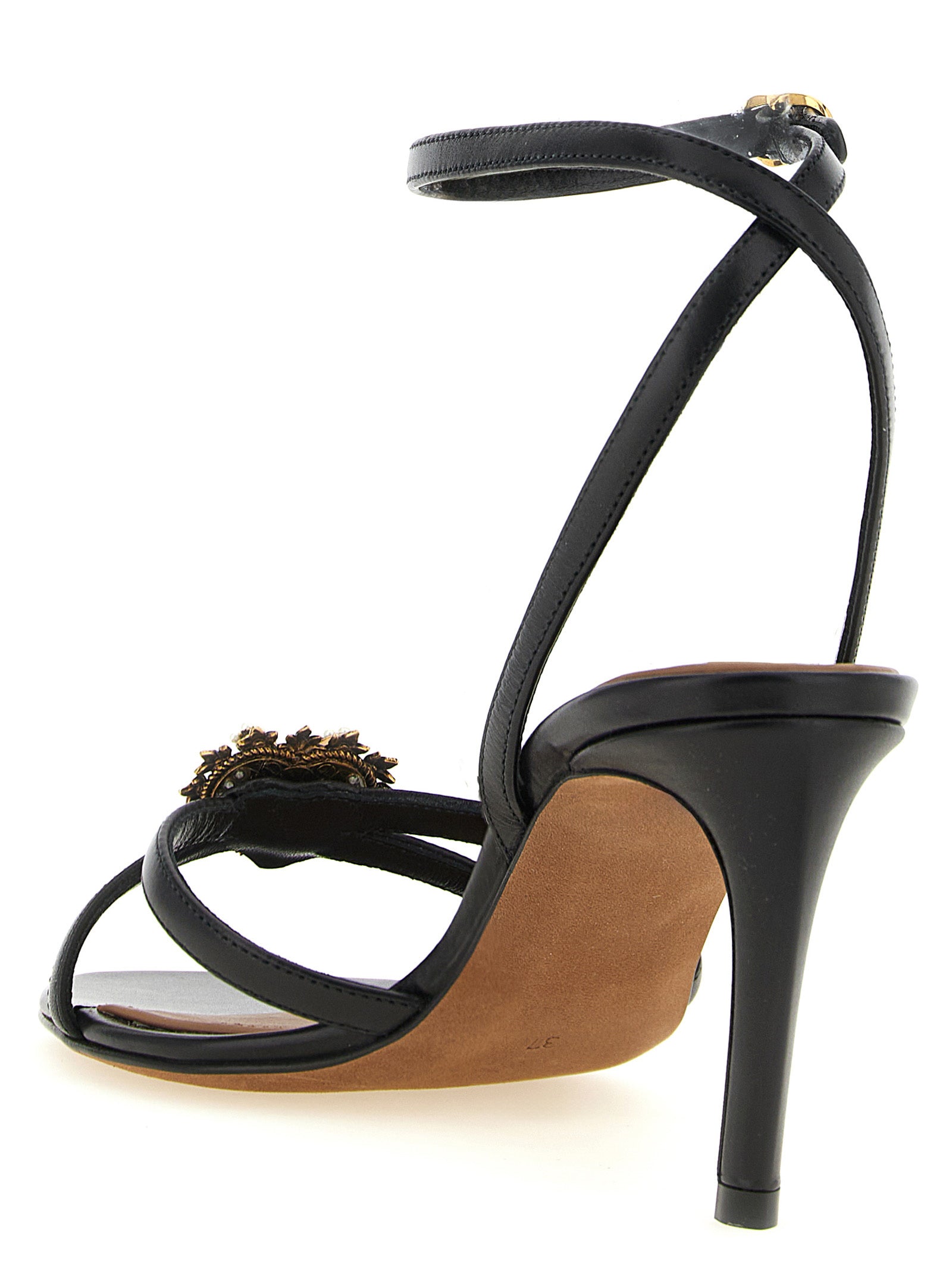 Sandales à talons stilettos en cuir de veau noir de Dolce & Gabbana, avec design élégant et sophistiqué.