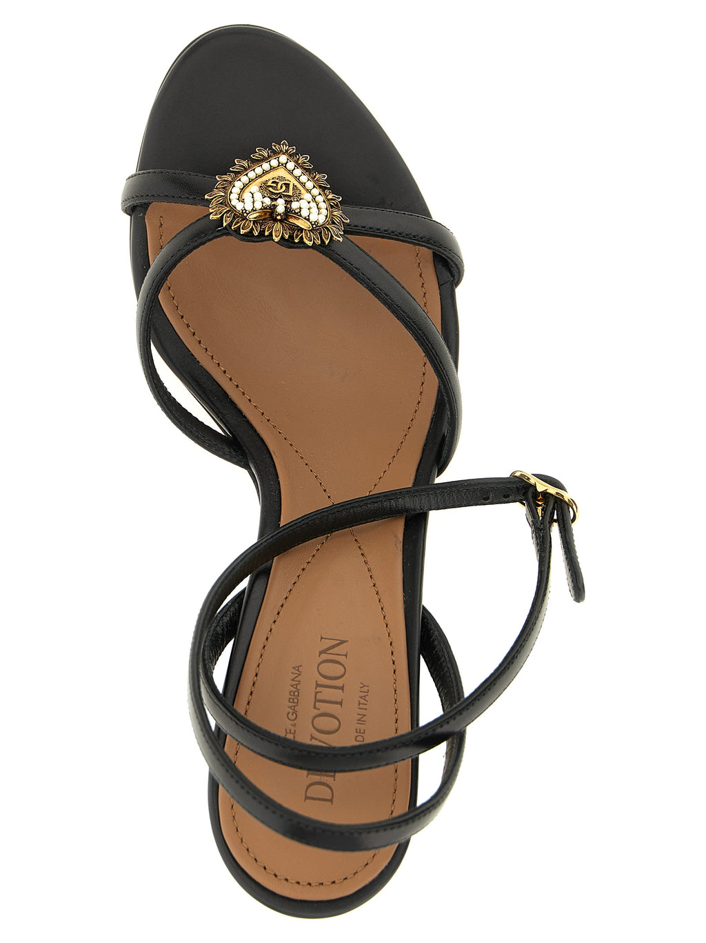 Sandales à talons stilettos en cuir de veau noir de Dolce & Gabbana, vue de côté avec bride élégante et semelle fine.