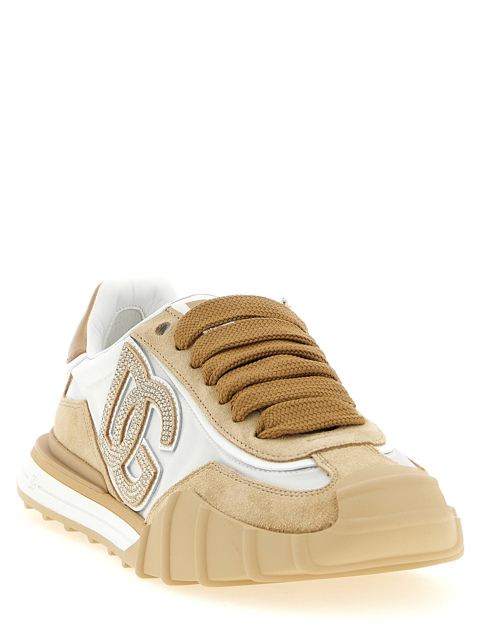 Sneakers sportives en cuir de veau beige de Dolce & Gabbana, chaussures athlétiques élégantes pour femme ou homme.