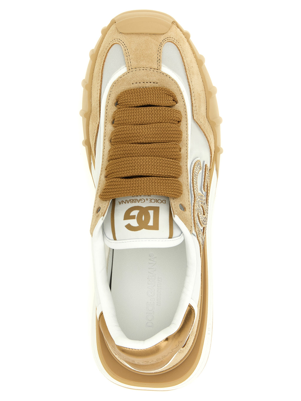 Chaussures de sport en cuir de veau beige Dolce & Gabbana, baskets athlétiques élégantes avec semelle blanche et détails tendance.