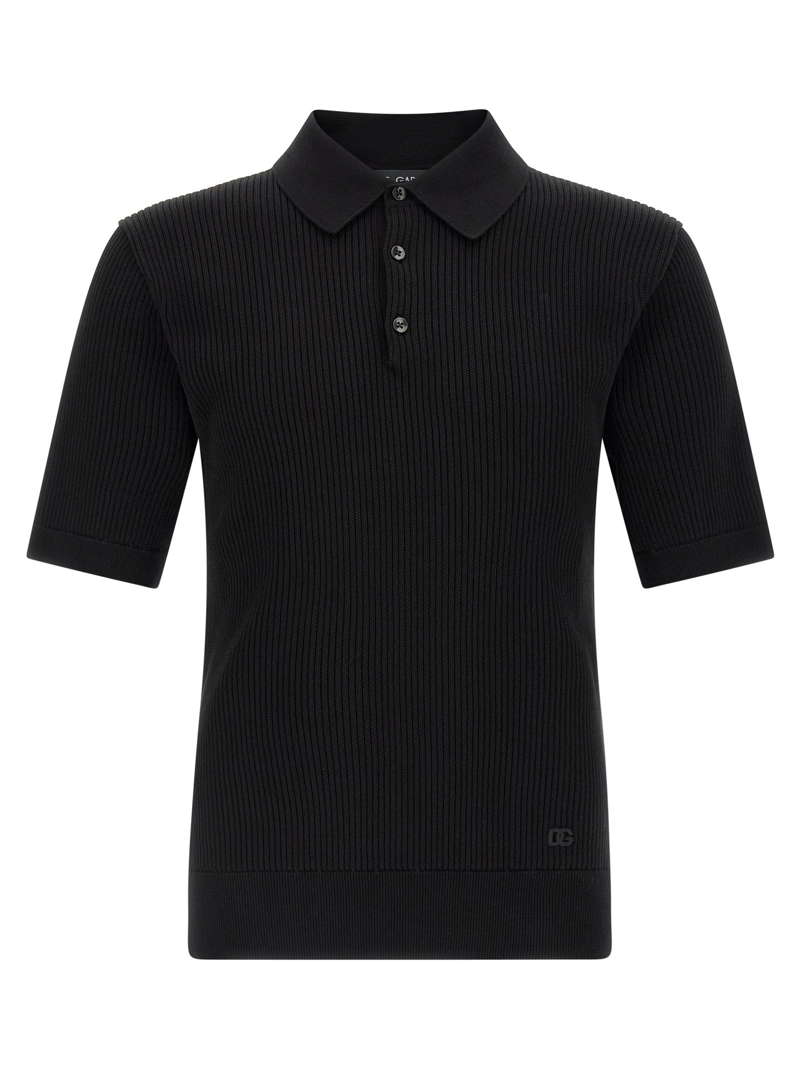 Chemise polo noire en coton Dolce & Gabbana, vue de face, détail du col et du logo brodé, style élégant et classique.