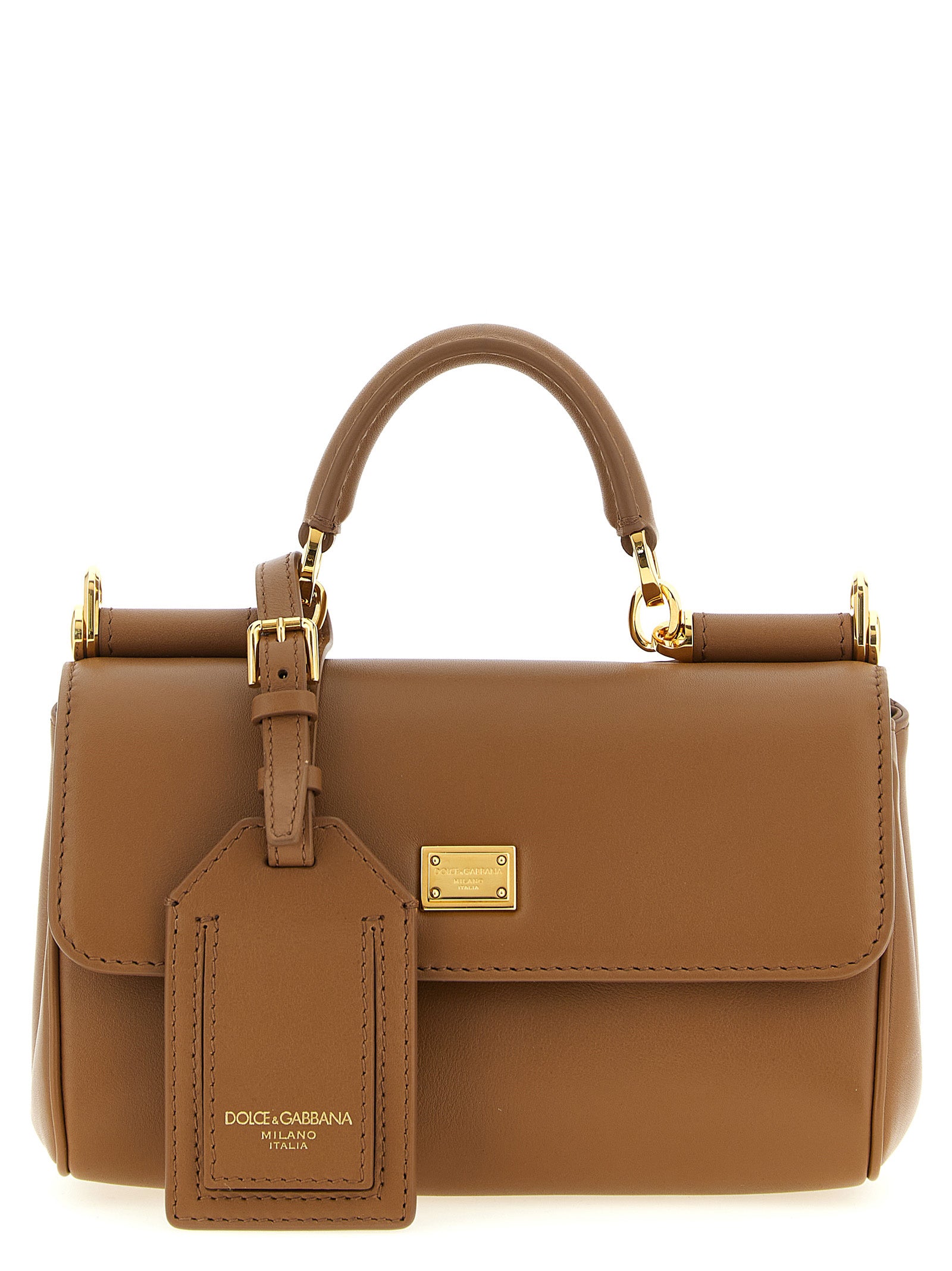 Sac à main en cuir de veau marron de Dolce & Gabbana, élégant et sophistiqué, avec détails en or et poignée robuste.