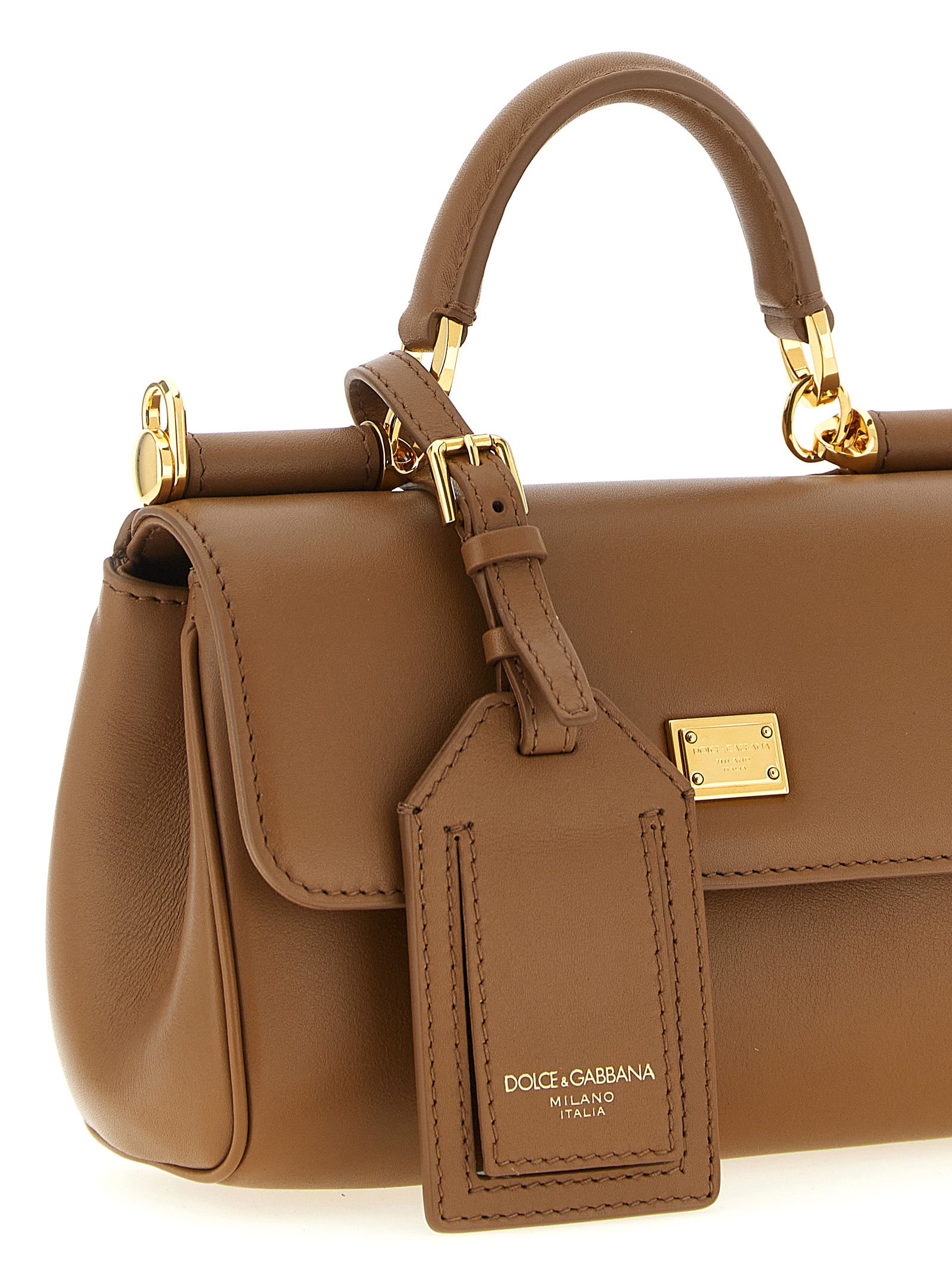 Sac à main en cuir de veau marron de Dolce & Gabbana, élégant et sophistiqué, avec détails raffinés et finition soignée.
