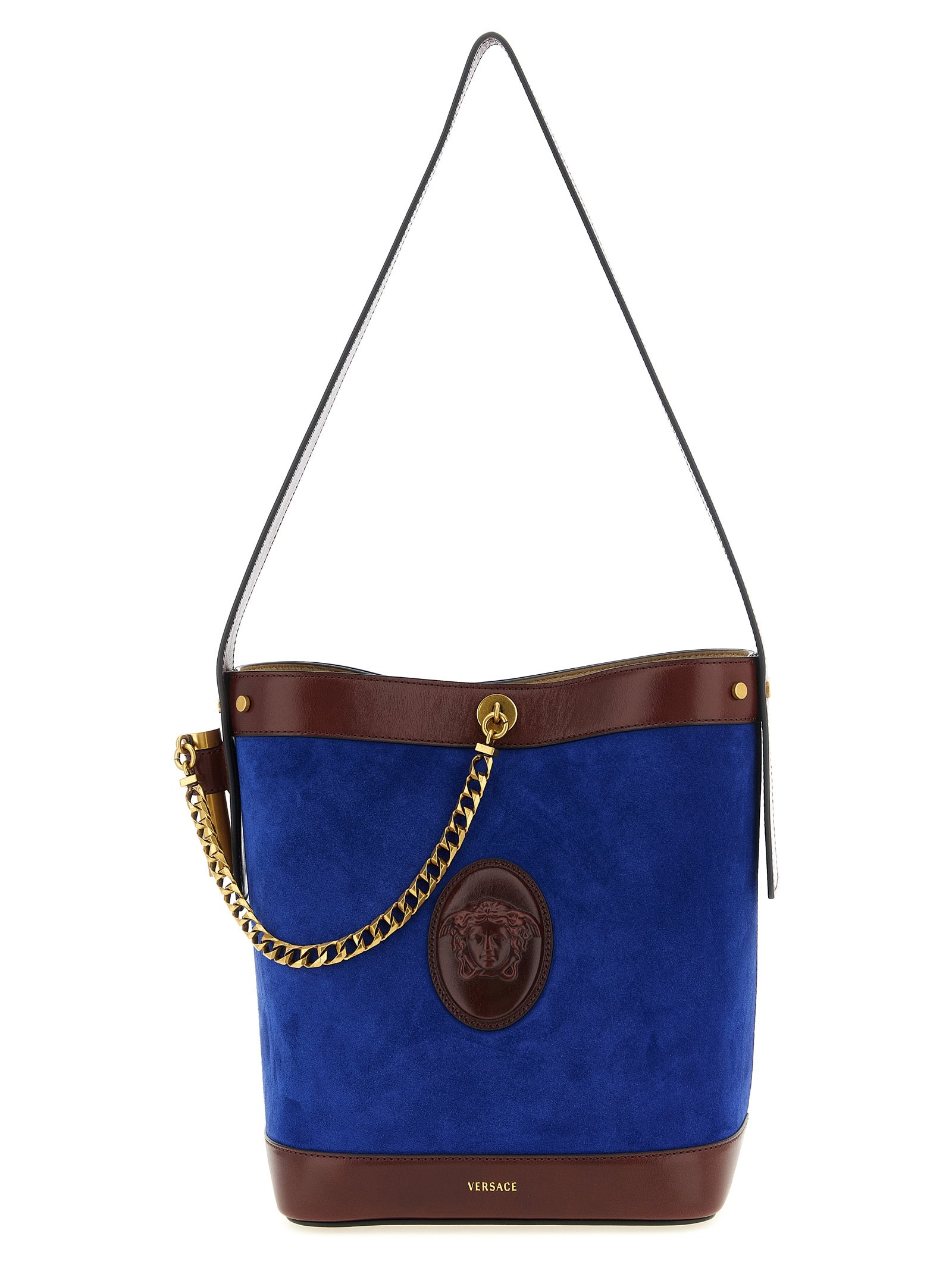 Sac à bandoulière en veau bleu de Versace, élégante sacoche pour homme ou femme avec logo emblématique.