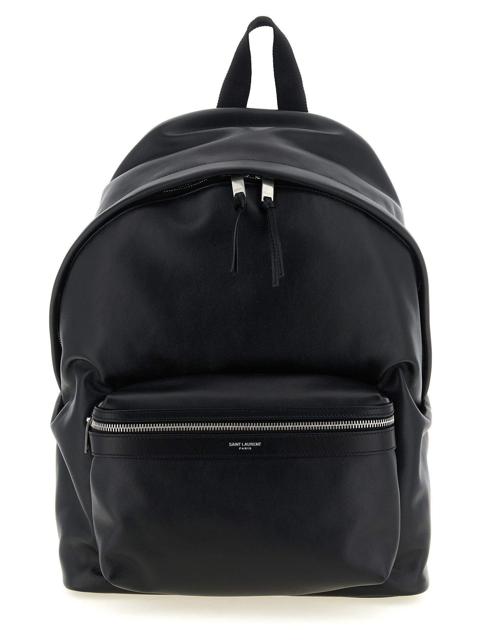Sac à dos en cuir de veau noir Saint Laurent, look élégant et sophistiqué, avec détails en métal argenté.