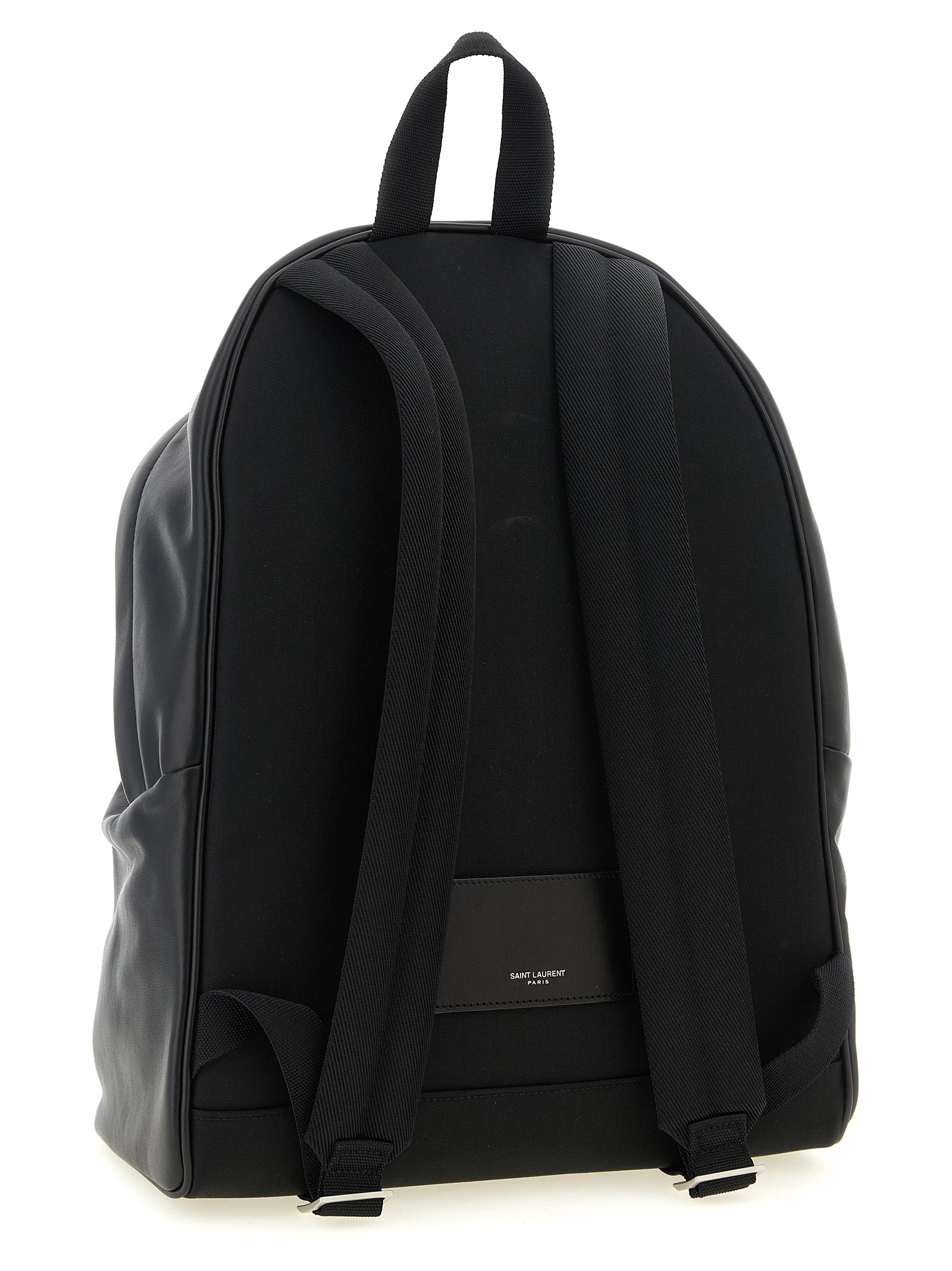 Sac à dos en cuir de veau noir Saint Laurent, avec détails élégants et design moderne, visible sur l'image.