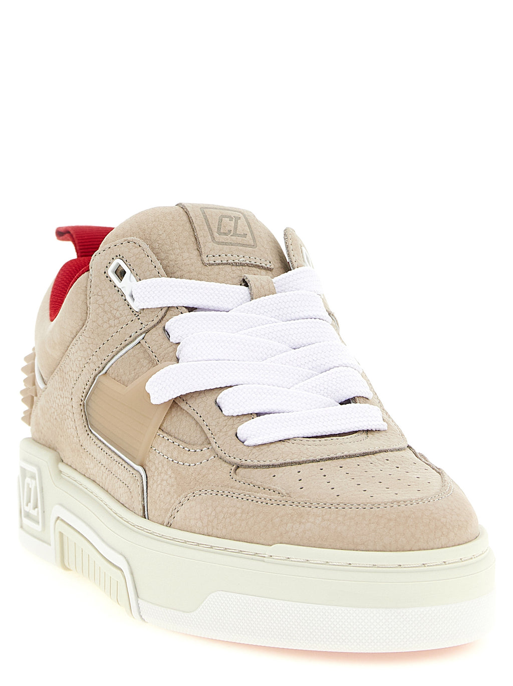 Chaussures de sport en cuir de veau beige Christian Louboutin, baskets athlétiques élégantes et confortables pour hommes et femmes.