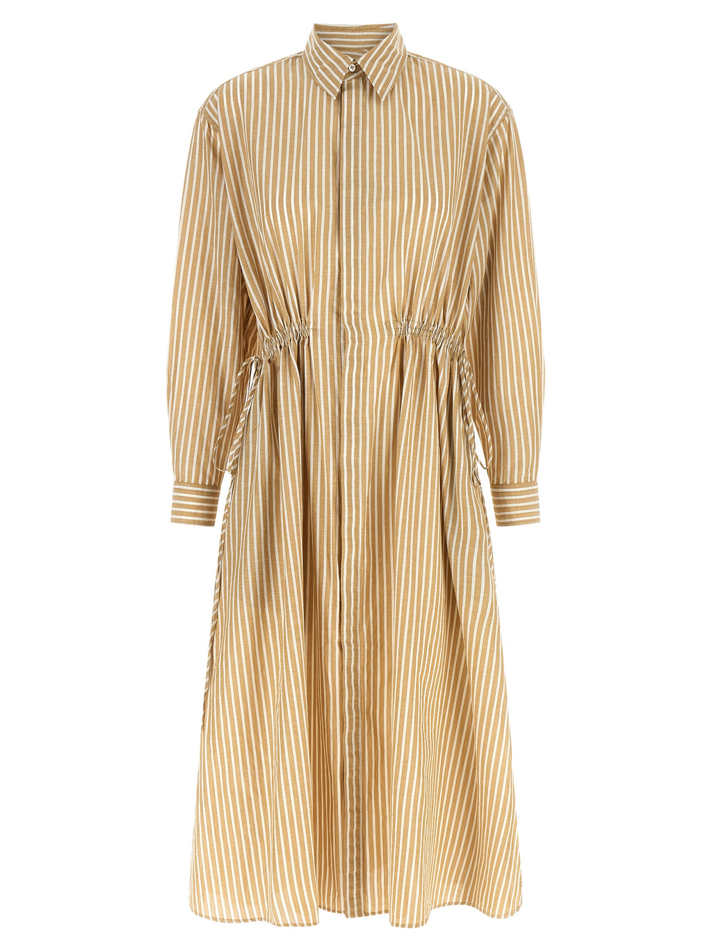 Robe midi beige en coton de Polo Ralph Lauren, élégante et décontractée, avec col classique et coupe fluide.