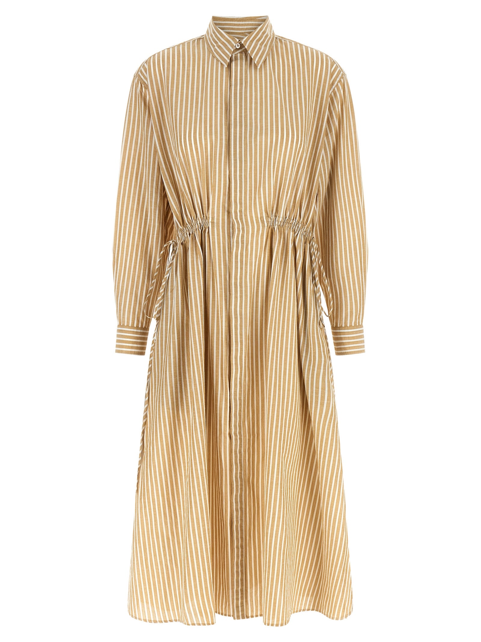 Robe midi beige en coton de Polo Ralph Lauren, élégante et décontractée, avec col classique et coupe fluide.