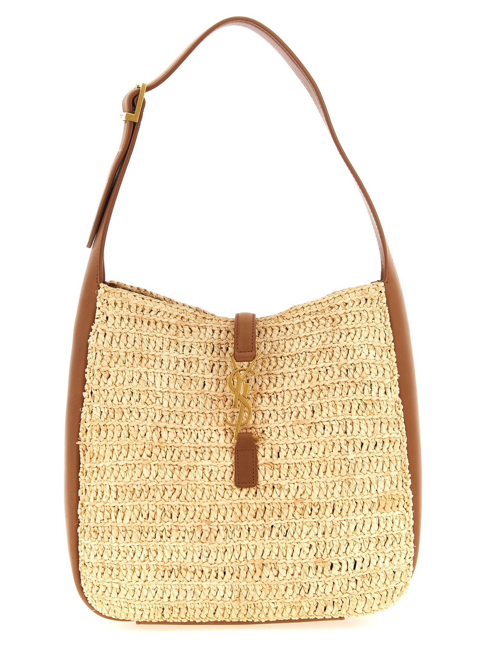 Sac à épaule beige en raffia de Saint Laurent, avec détails élégants et finition sophistiquée, pour un style chic et naturel.