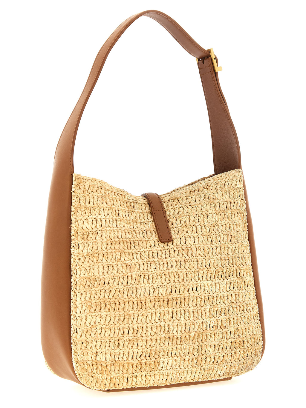Sac à épaule beige en raffia de la marque Saint Laurent, avec détails élégants et design sophistiqué.