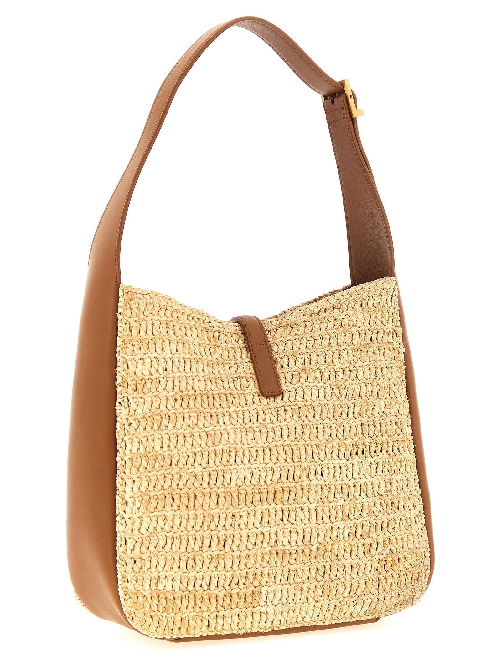 Sac à épaule beige en raffia de la marque Saint Laurent, avec détails élégants et design sophistiqué.