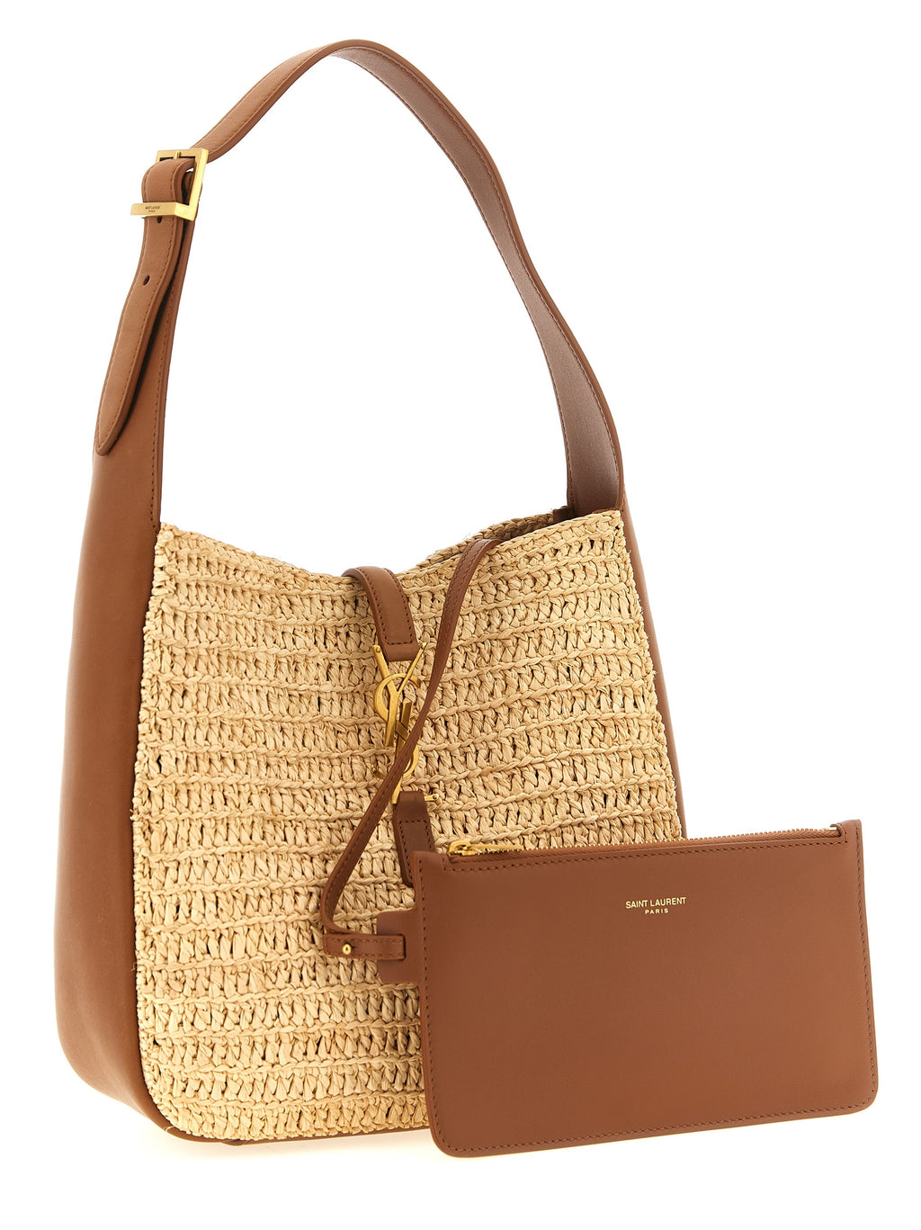 Sac à épaule beige en raffia de Saint Laurent, élégant et texturé, avec détails sophistiqués.