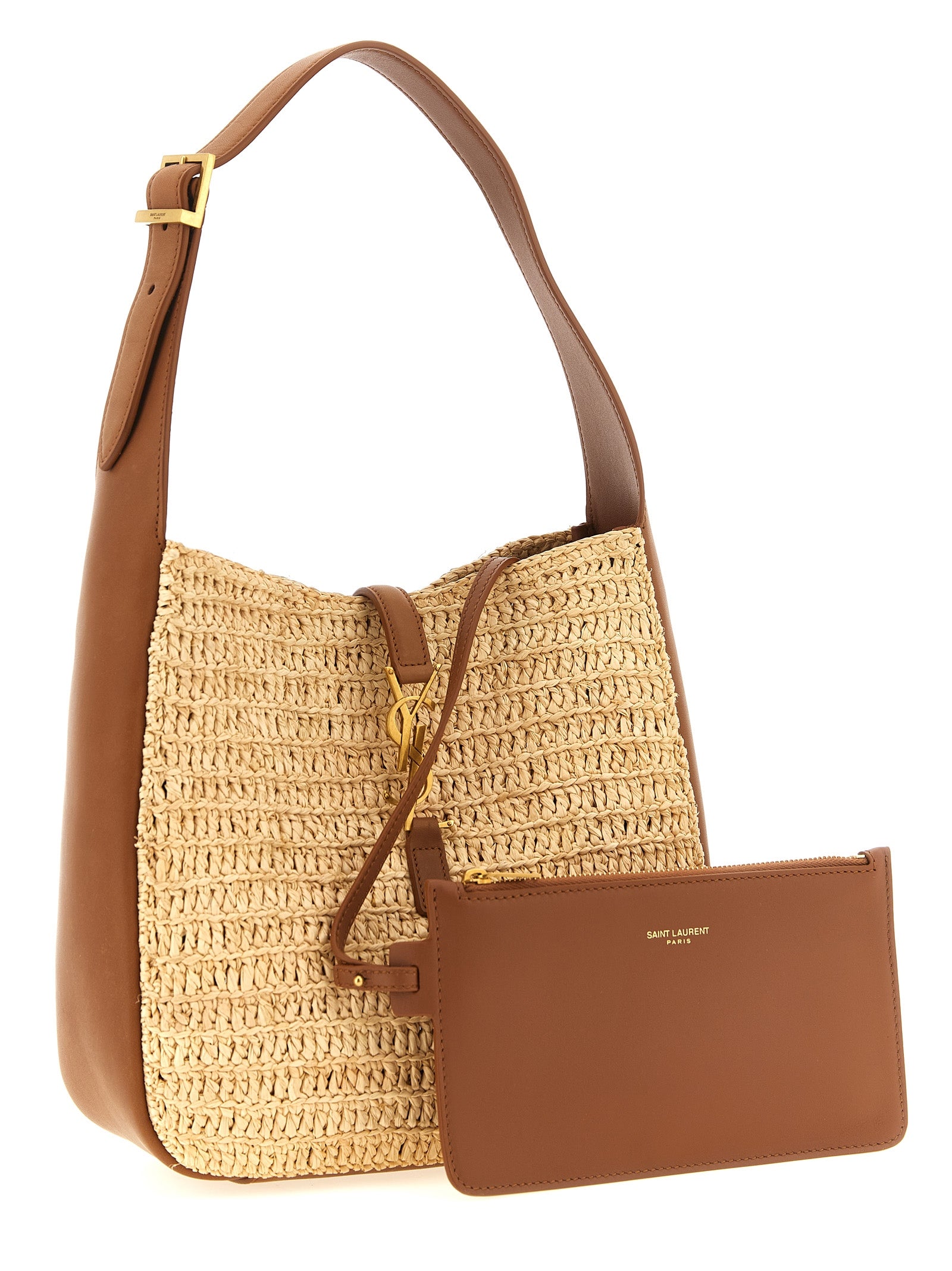 Sac à épaule beige en raffia de Saint Laurent, élégant et texturé, avec détails sophistiqués.
