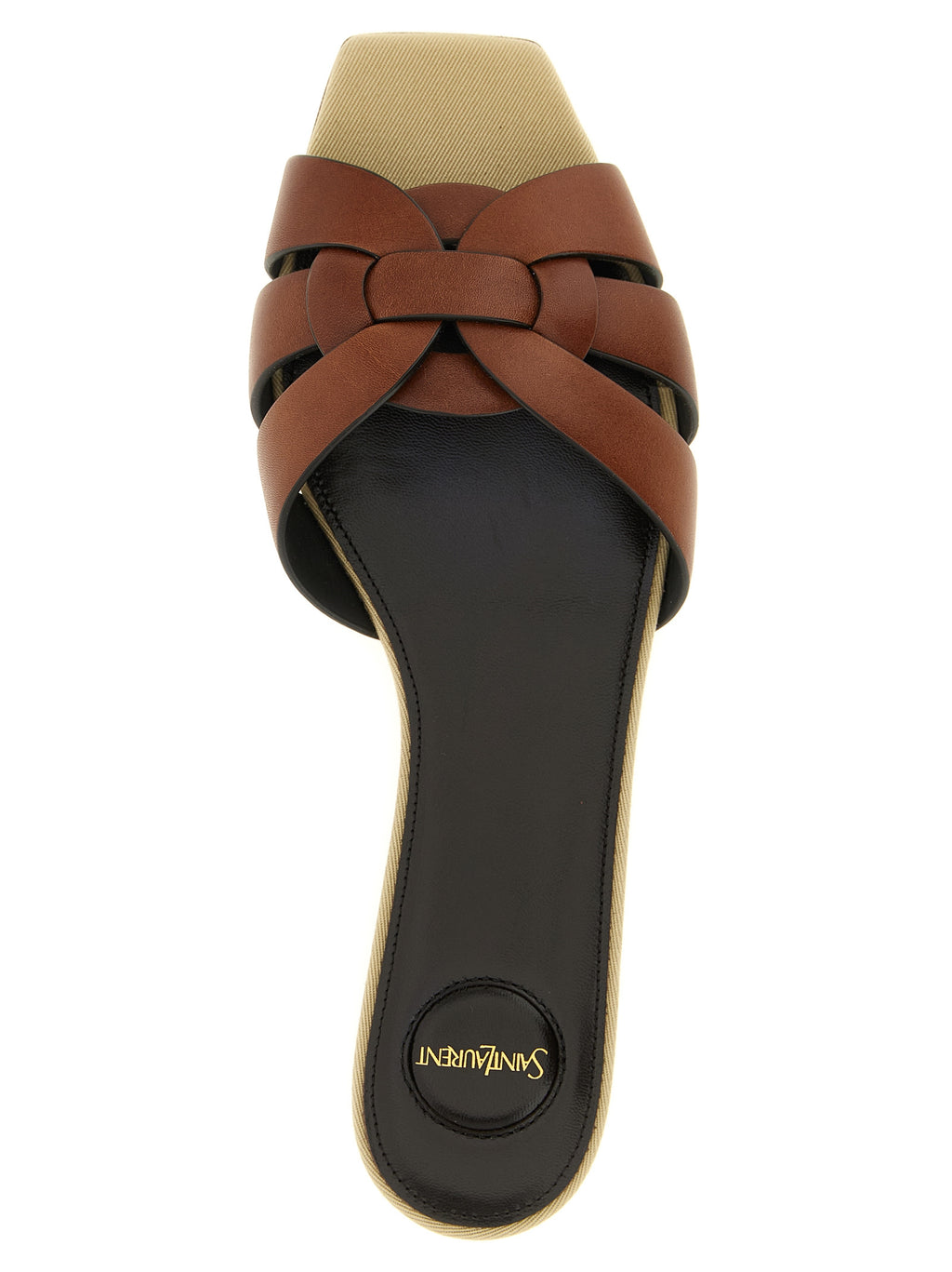 Sandales en cuir de veau marron Saint Laurent, élégantes et confortables, avec design classique et finition raffinée.
