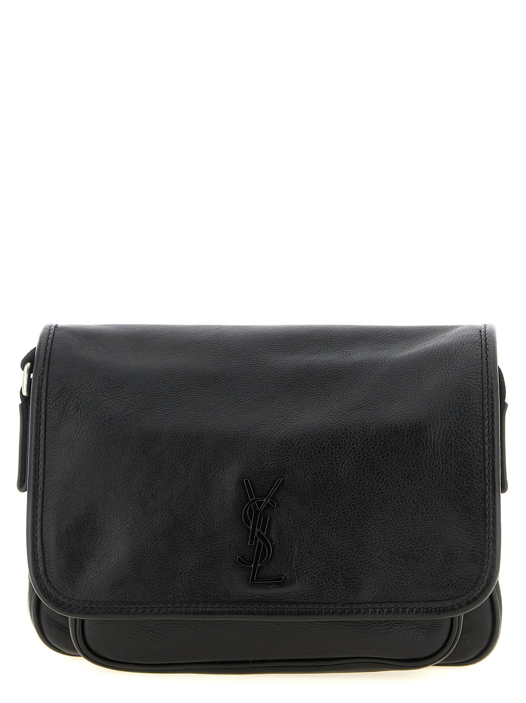 Sac à bandoulière en cuir de veau noir de Saint Laurent, élégant et sophistiqué, visible avec détails et finition haut de gamme.