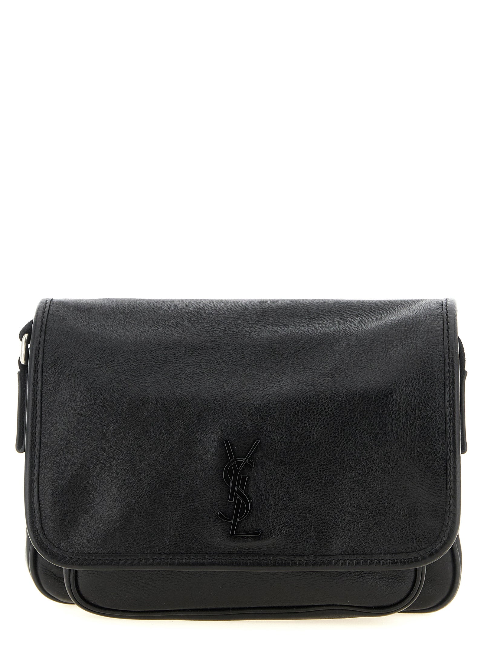 Sac à bandoulière en cuir de veau noir de Saint Laurent, élégant et sophistiqué, visible avec détails et finition haut de gamme.