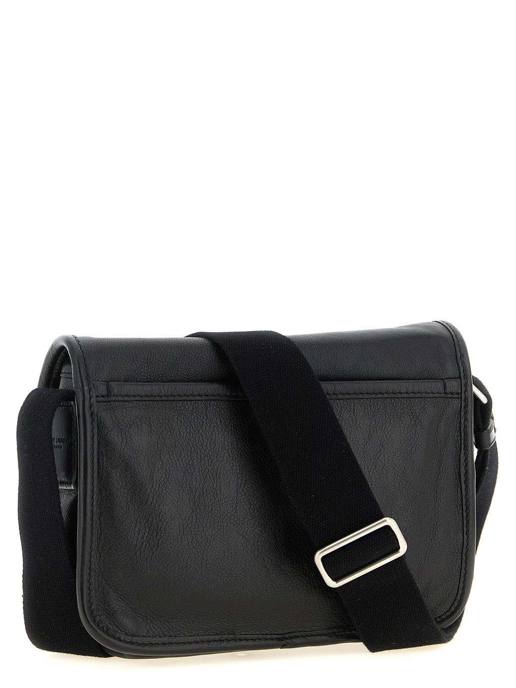 Sac bandoulière en cuir de veau noir Saint Laurent, élégant et sophistiqué, avec détails en métal et finition luxe.