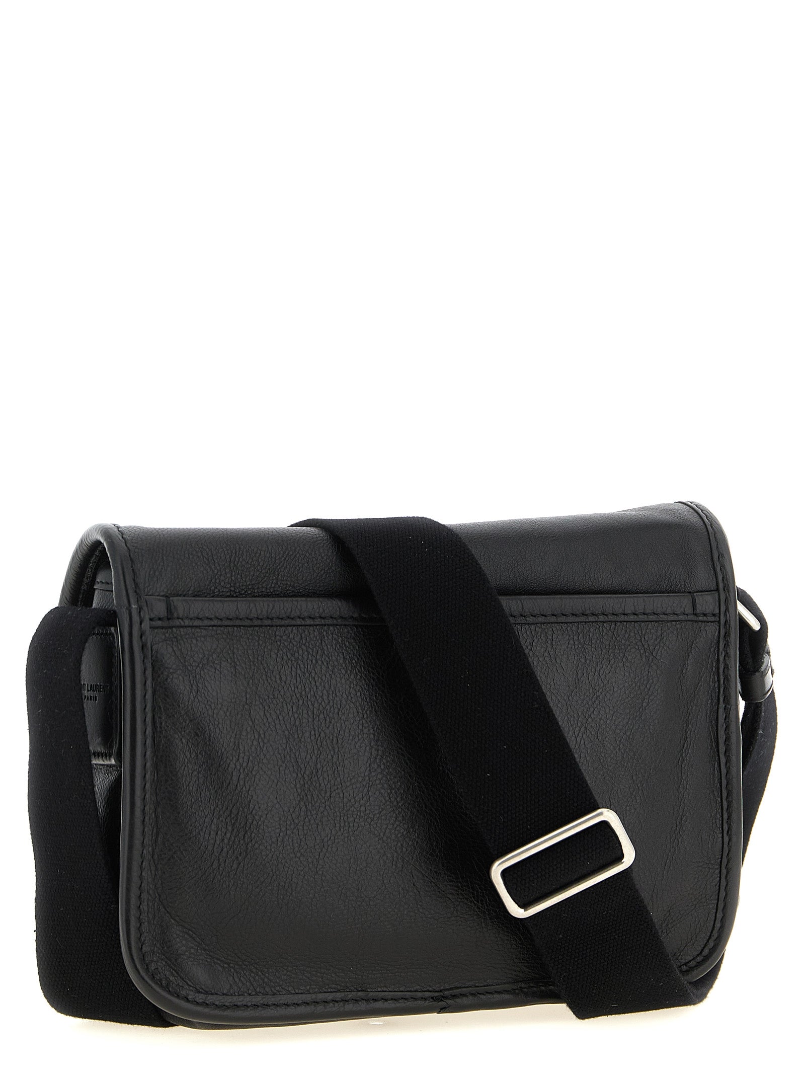 Sac bandoulière en cuir de veau noir Saint Laurent, élégant et sophistiqué, avec détails en métal et finition luxe.