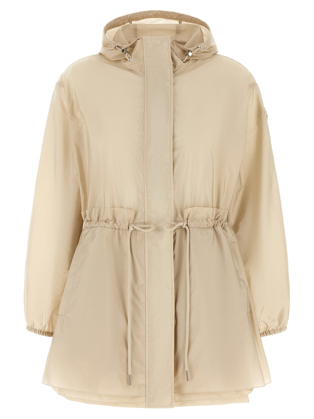 Veste beige en polyamide Moncler pour homme, coupe-vent et résistante, avec fermeture éclair et capuche ajustable.