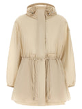 Veste beige en polyamide Moncler pour homme, coupe-vent et résistante, avec fermeture éclair et capuche ajustable.