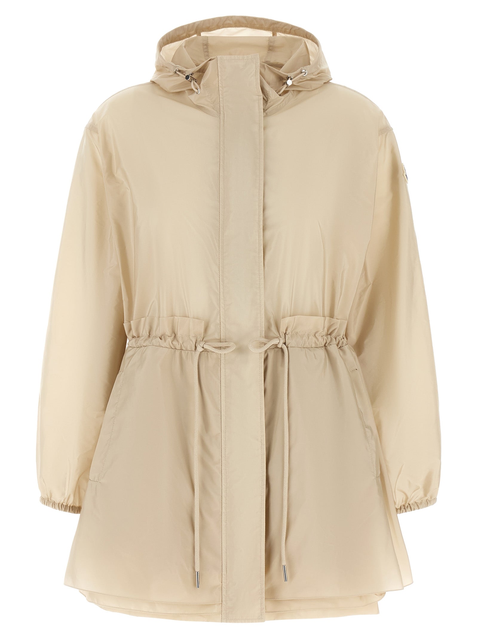 Veste beige en polyamide Moncler pour homme, coupe-vent et résistante, avec fermeture éclair et capuche ajustable.