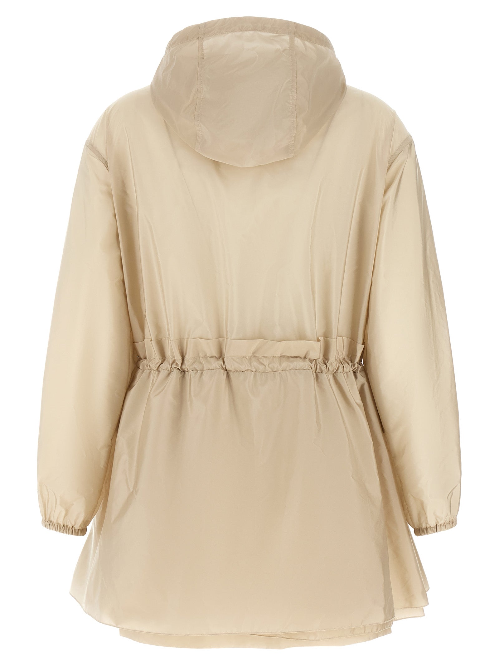 Veste Moncler beige en polyamide avec capuche, fermeture éclair et poches latérales, pour un style élégant et pratique.