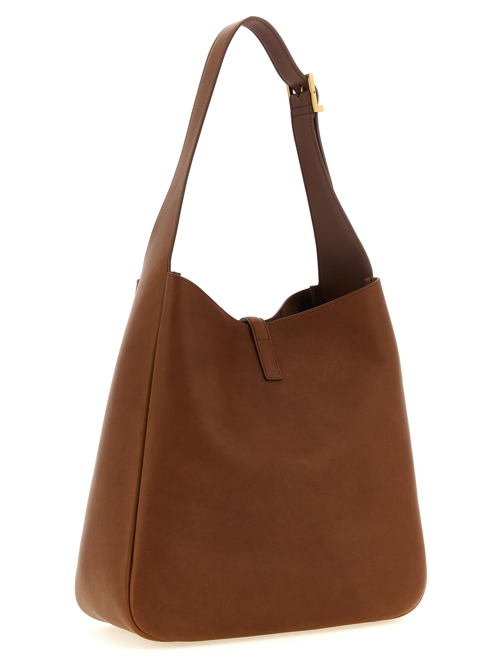 Sac à bandoulière en cuir de veau marron de Saint Laurent, élégant et sophistiqué, avec détails en métal doré.