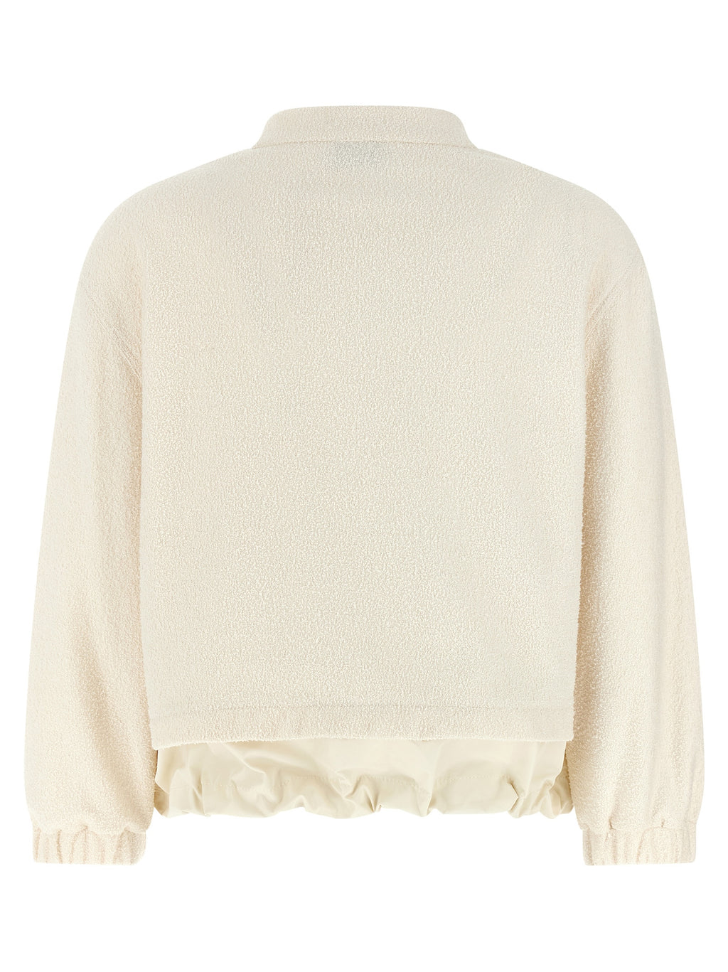 Cardigan en polyester blanc de la marque Moncler, détails élégants et texture visible sur l'image.