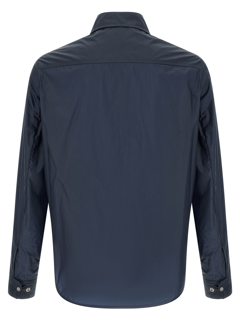 Chemise en polyamide bleue Moncler avec col et manches longues, détails modernes et tissu léger.