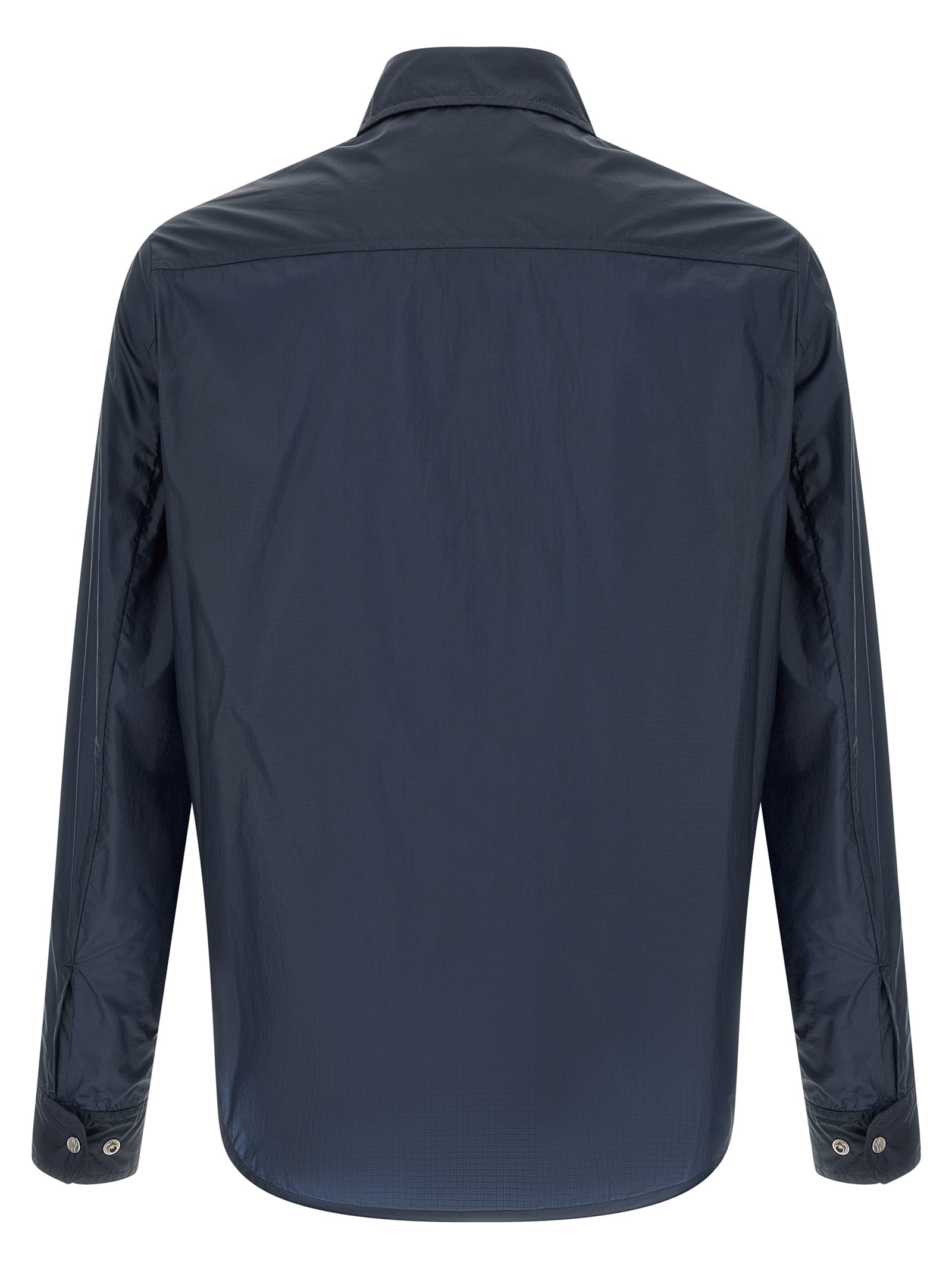 Chemise en polyamide bleue Moncler avec col et manches longues, détails modernes et tissu léger.