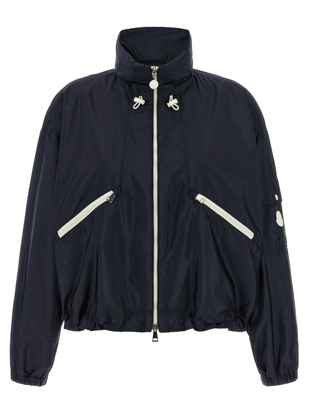 Veste Moncler en polyamide bleu, coupe-vent et légère, avec capuche et fermeture zippée, adaptée pour la saison hivernale.