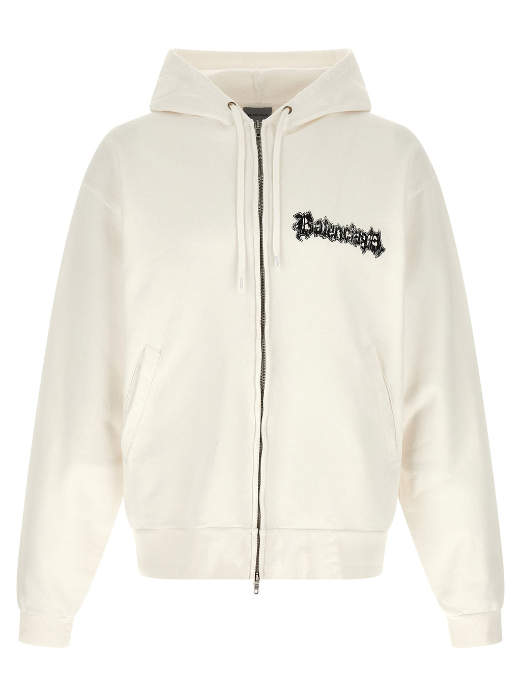 Sweatshirt blanche en coton de Balenciaga, coupe décontractée, avec logo discret sur la poitrine, vue de face.
