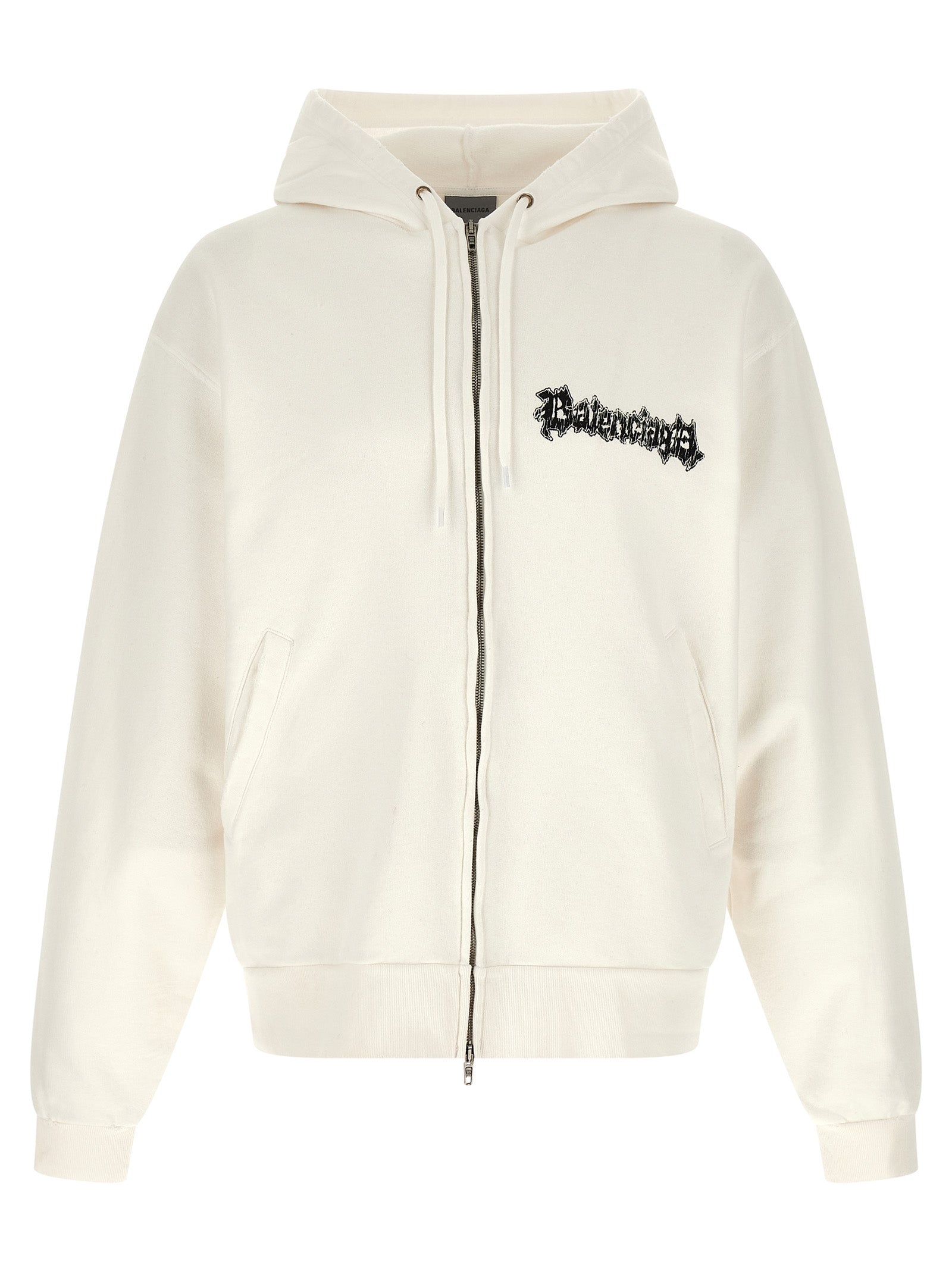 Sweatshirt blanche en coton de Balenciaga, coupe décontractée, avec logo discret sur la poitrine, vue de face.