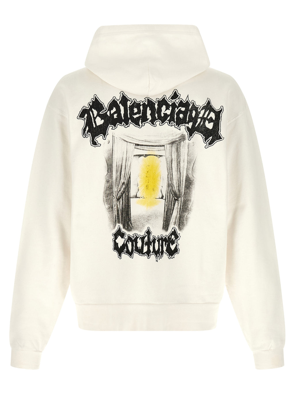 Sweat-shirt blanc en coton de Balenciaga, style décontracté avec logo discret, porté sur un mannequin.