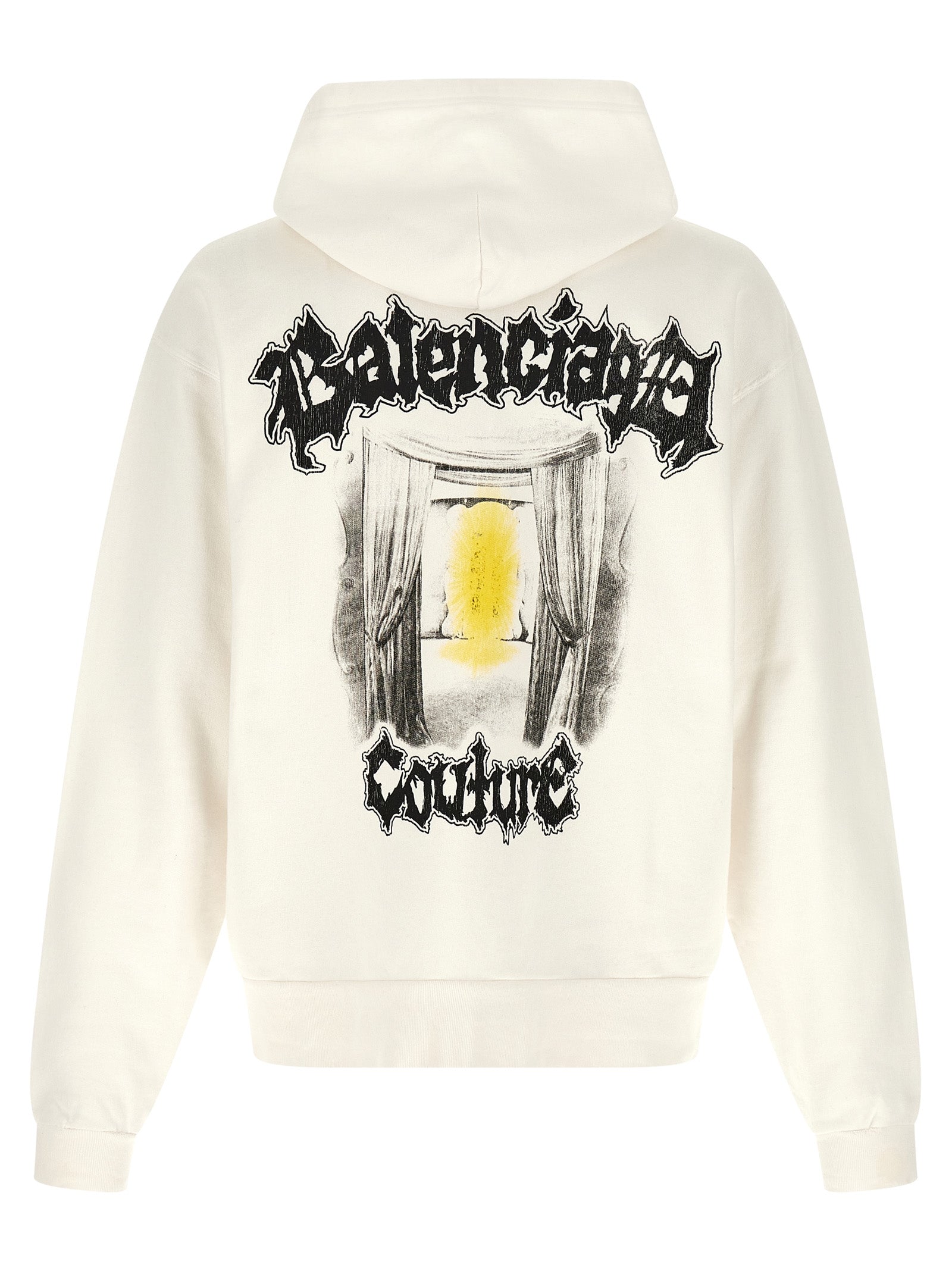 Sweat-shirt blanc en coton de Balenciaga, style décontracté avec logo discret, porté sur un mannequin.