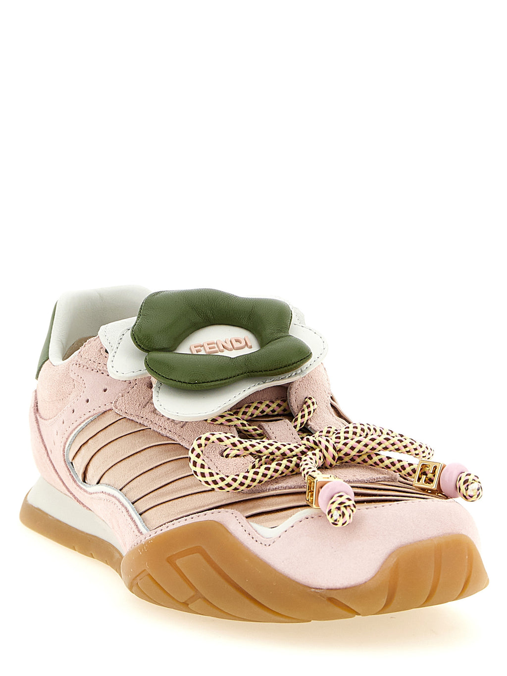 Sneakers sport Fendi en cuir de veau multicolore avec détails modernes et semelle blanche, vue de face.