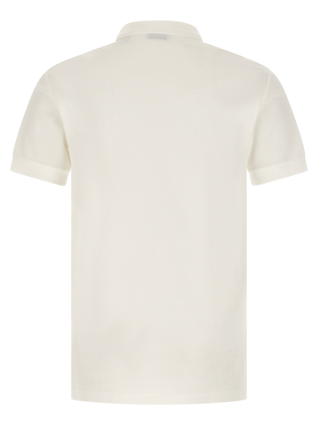 Chemise polo blanche en coton de marque Burberry, col et boutons classiques, portée décontractée, vue de face.