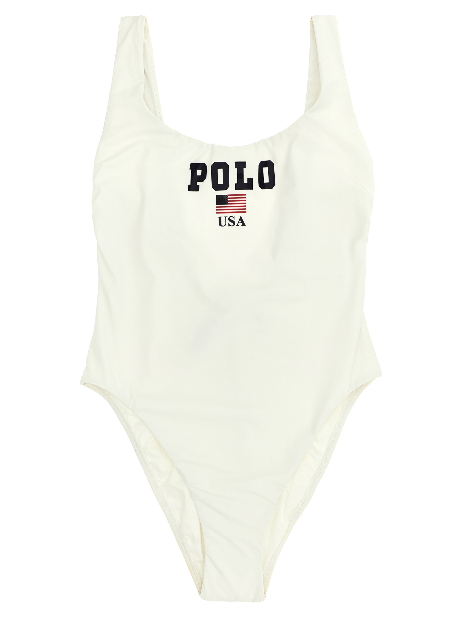 Maillot de bain une pièce en nylon blanc Polo Ralph Lauren, élégant et confortable, avec logo discret visible sur le devant.