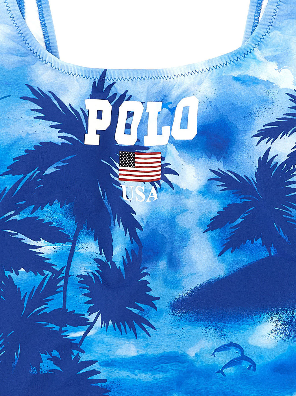Maillot de bain une pièce en nylon bleu Polo Ralph Lauren, détail du design élégant et logo de la marque visible.