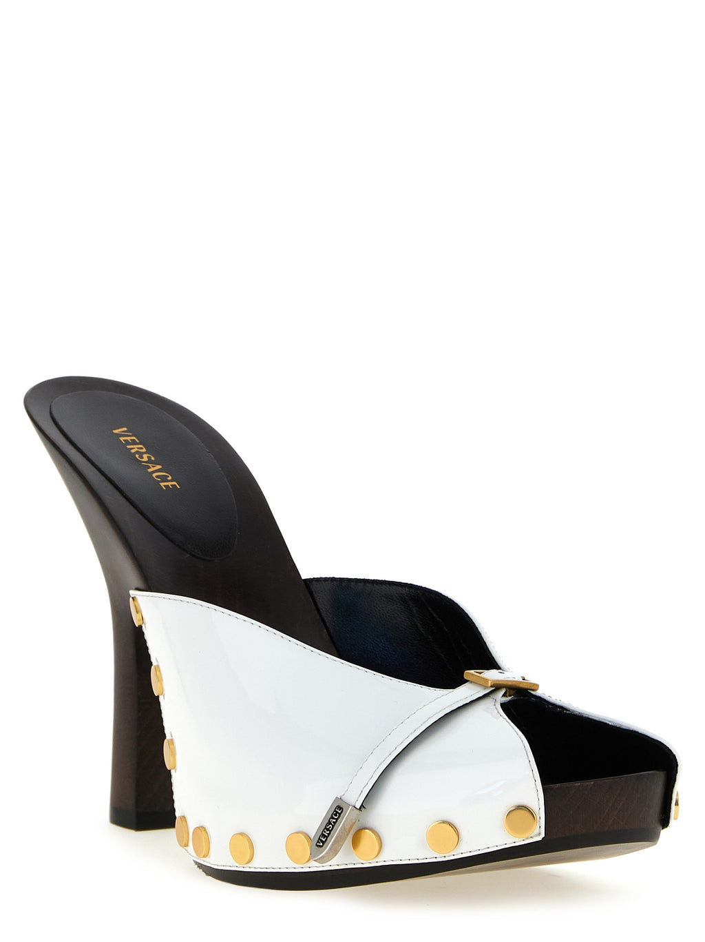 Escarpins haut de gamme Versace en cuir bicolore pour femmes, avec talons hauts élégants et design sophistiqué.