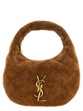 Sac à main Saint Laurent en cuir de veau marron, élégant et sophistiqué, avec détails en or et poignée en cuir.