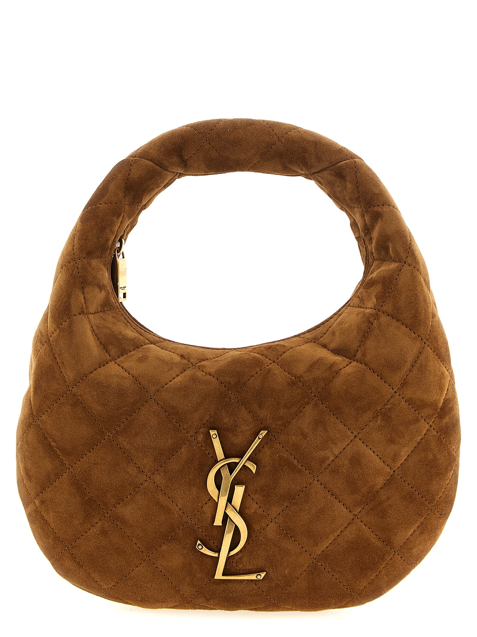 Sac à main Saint Laurent en cuir de veau marron, élégant et sophistiqué, avec détails en or et poignée en cuir.