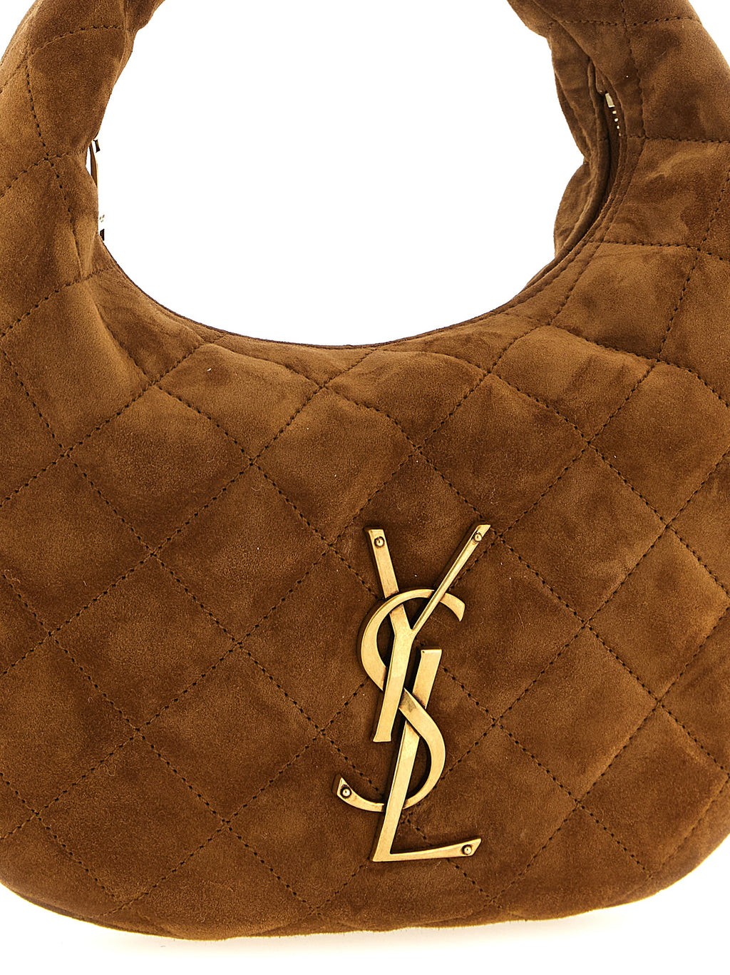 Sac à main en cuir de veau marron de Saint Laurent, élégant et sophistiqué, avec détails en or et design classique.