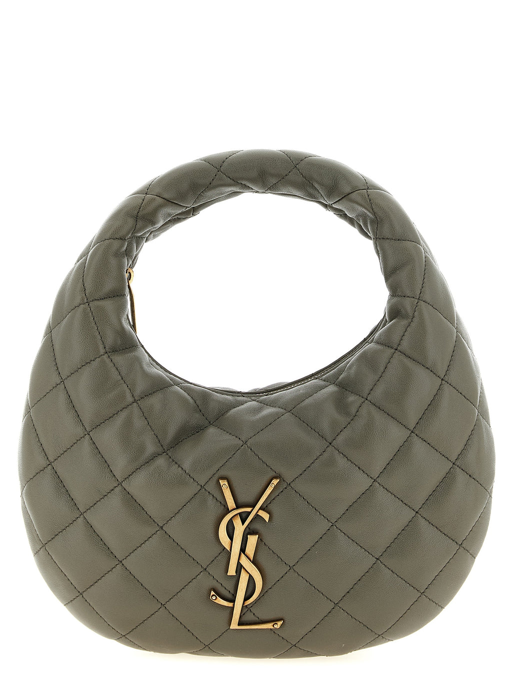 Sac à main en cuir d'agneau gris de Saint Laurent, élégant et sophistiqué, avec détails en métal et poignées en cuir.