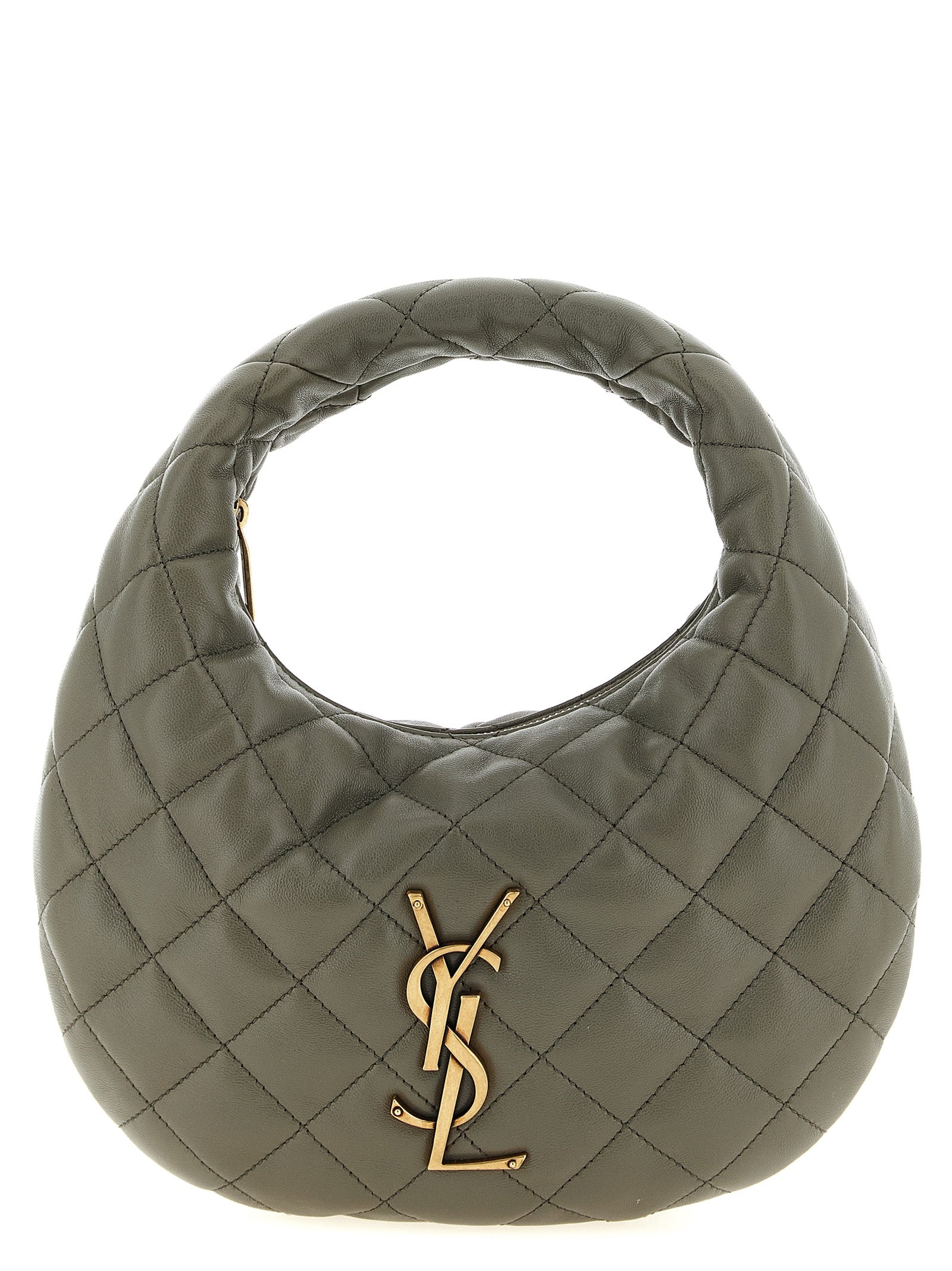 Sac à main en cuir d'agneau gris de Saint Laurent, élégant et sophistiqué, avec détails en métal et poignées en cuir.